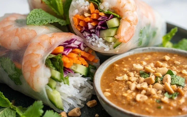 Rainbow Spring Rolls with Gin Extractger Peanut Sauce