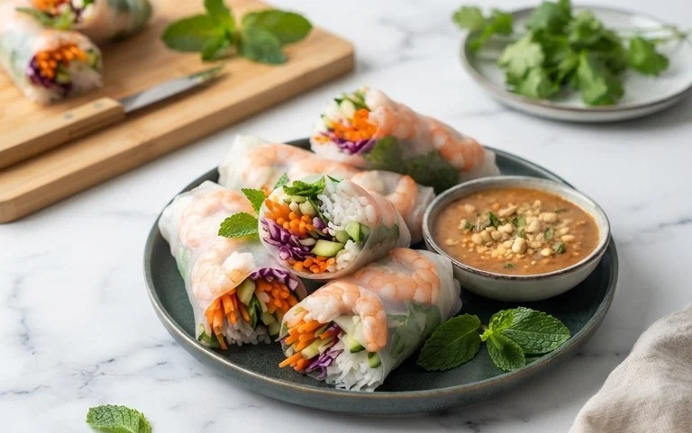 Rainbow Spring Rolls with Gin Extractger Peanut Sauce