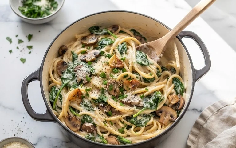 One-Pot Garlic Parmesan Pasta with Spinach and Mushrooms