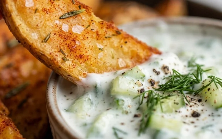 Kartoffelspalten mit Gurkendip