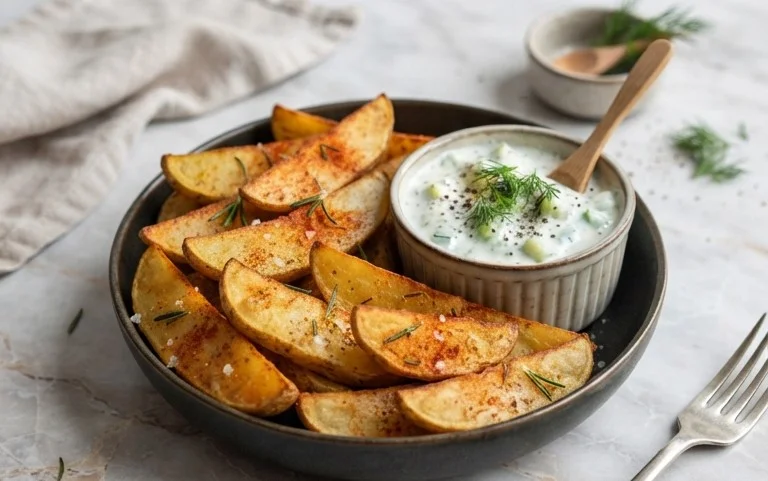 Kartoffelspalten mit Gurkendip