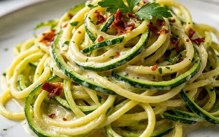 Zucchini-Spaghetti in cremiger Sauce– Zoodles