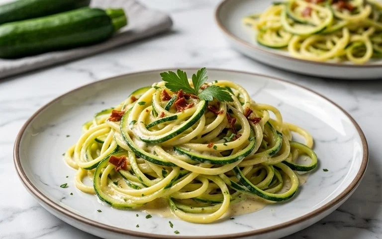 Zucchini-Spaghetti in cremiger Sauce– Zoodles