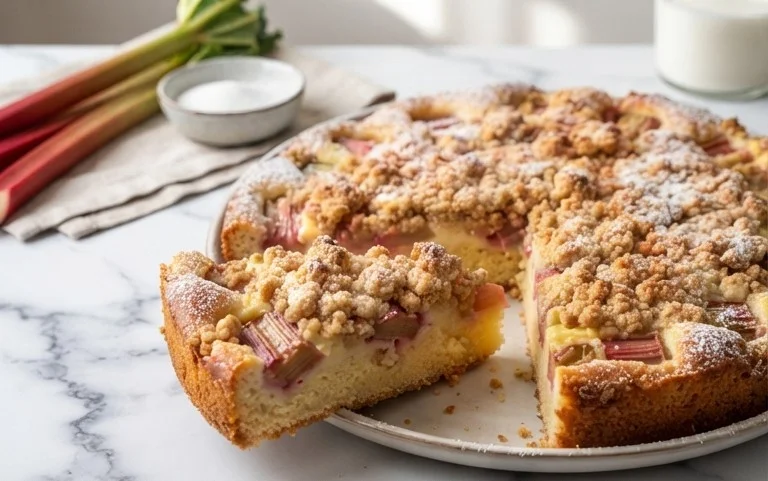 Rhabarberkuchen mit Pudding und Streuseln – wie von Oma
