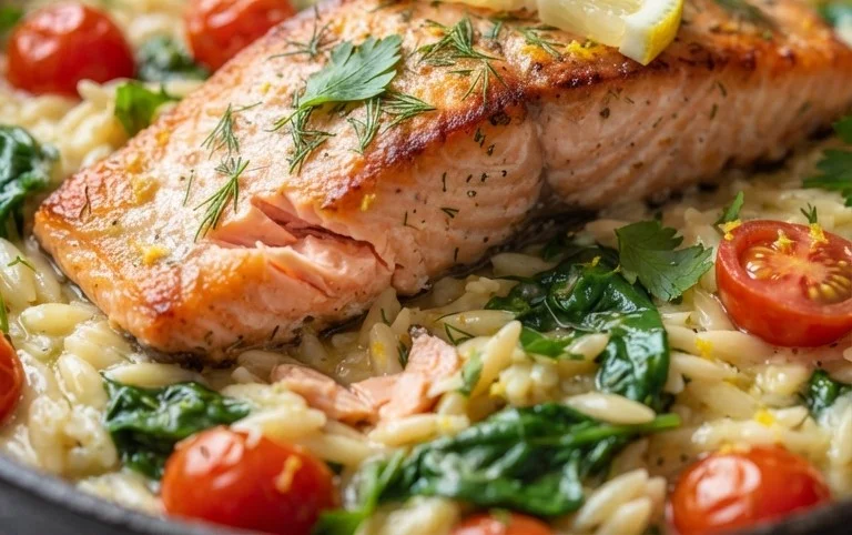 One Skillet Salmon with Lemon Orzo