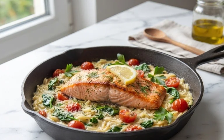One Skillet Salmon with Lemon Orzo