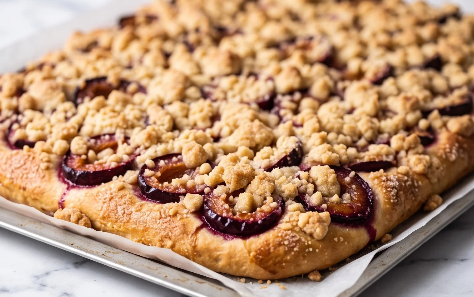 Rezept für Streusel-Pflaumenkuchen vom Blech mit Hefeteig